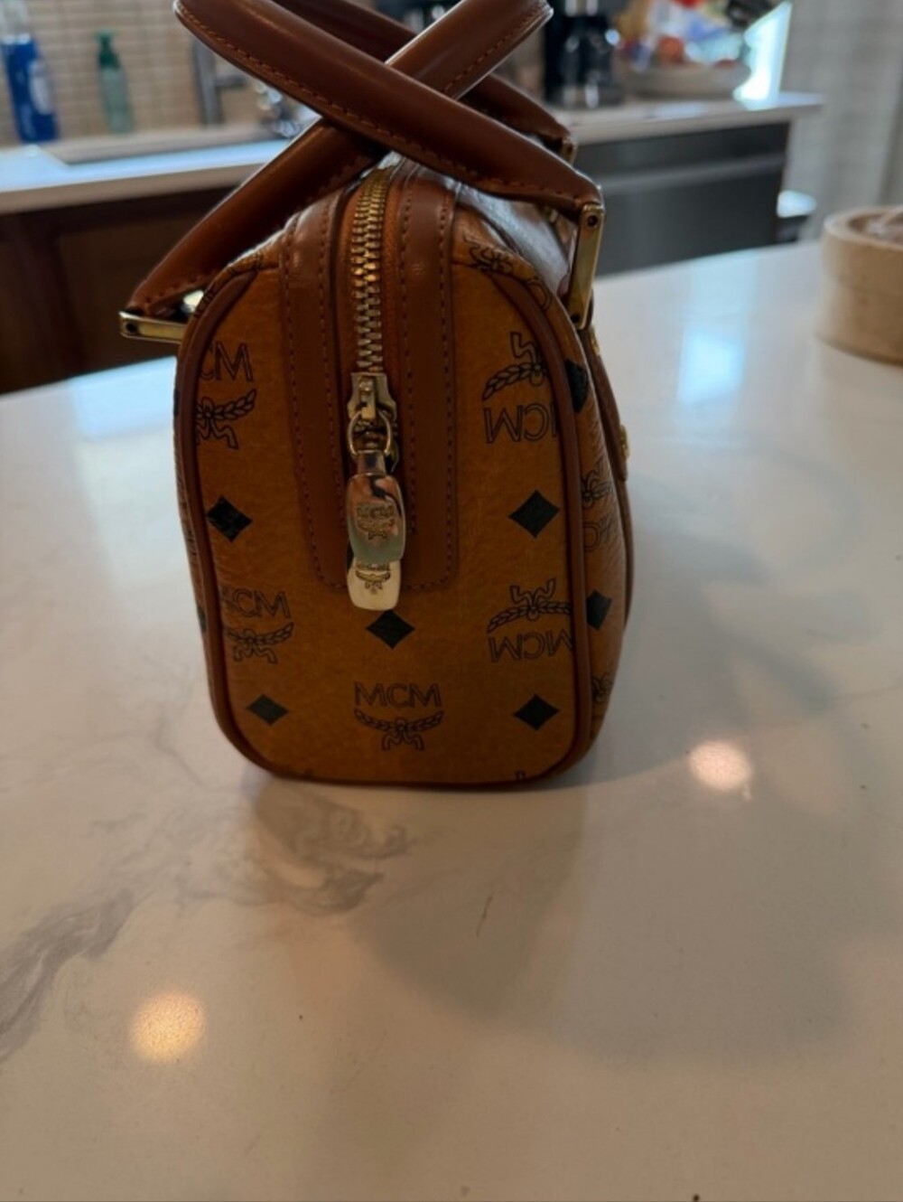 MCM Cognac Visetos Mini Boston Satchel with Gold Plaque - Picture 4 of 8